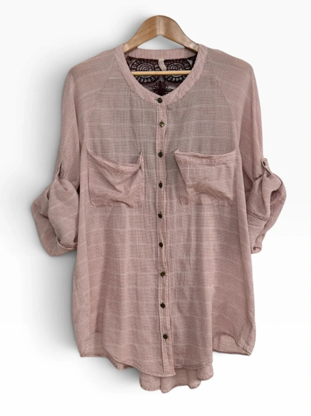 Free People Burgundy Stripe Button Front Lace Back Tunic Top Boho Medium M